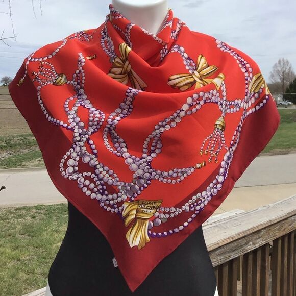 Vintage Loris Azzaro Paris Elegant Red Silk Scarf  Italian Designer - Picture 9 of 9